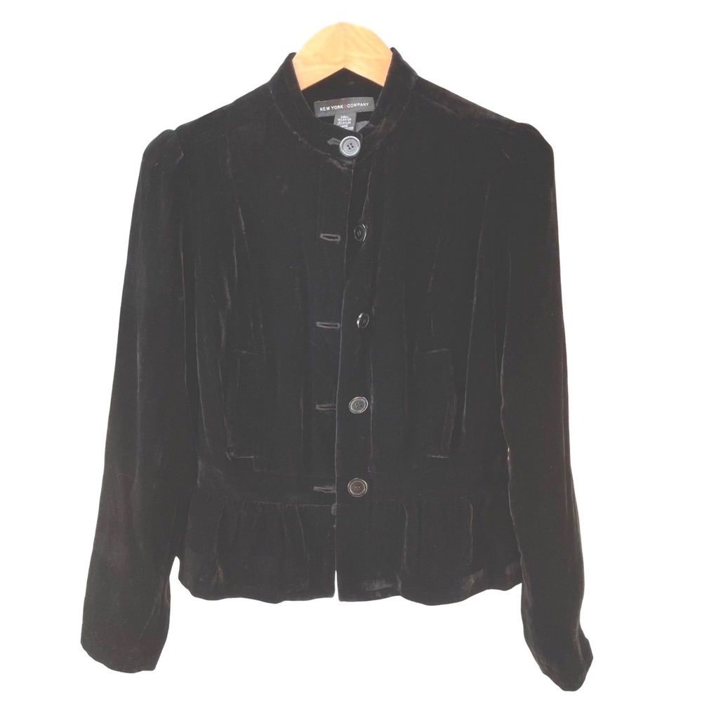 New York & Company Black Velvet Peplum Jacket Mandarin Collar Whimsigoth Size 8
